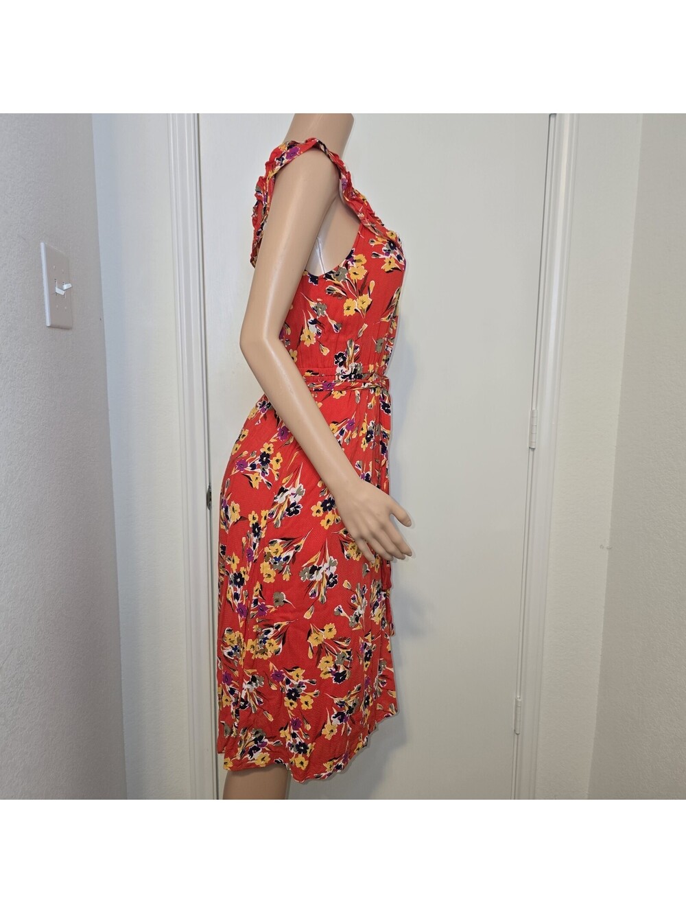 Anthropologie Conversations Dress Womens Small Red Floral Ruffle Midi US Sz 6 - Picture 2 of 11